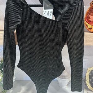 Zara Shimmering BlK Asymmetrical Bodysuit- from the Festive Days Collection NWT